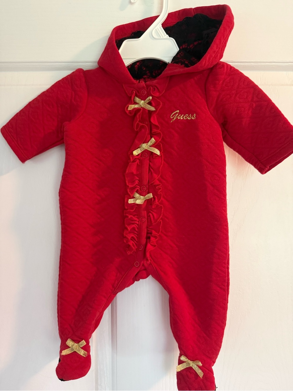 Guess Red Quilted Hooded Baby One-Piece with Gold Bows
